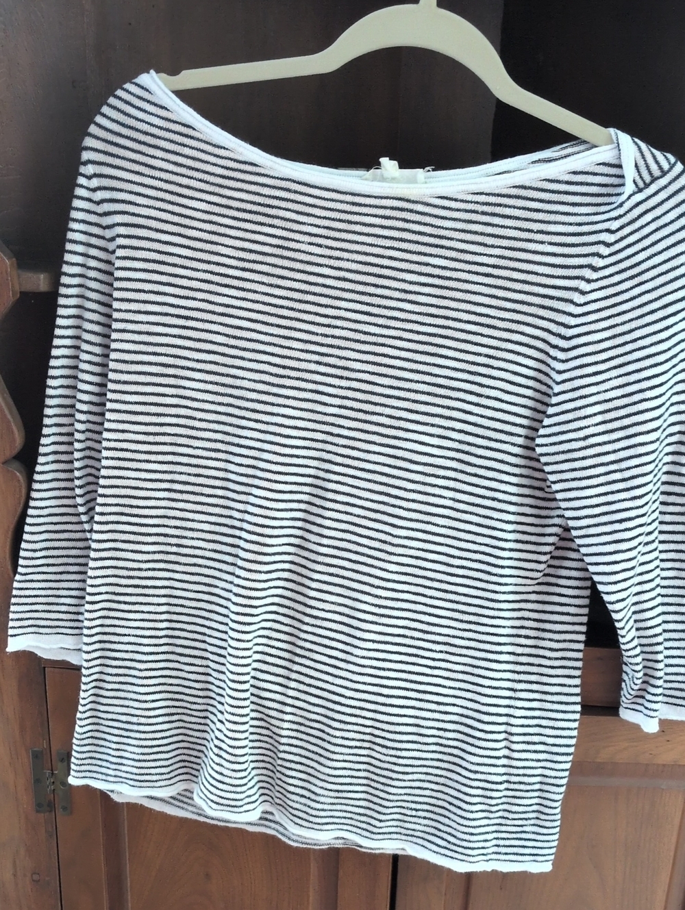 Eileen Fisher Black and White Striped Boatneck Top Organic Linen, Size Small